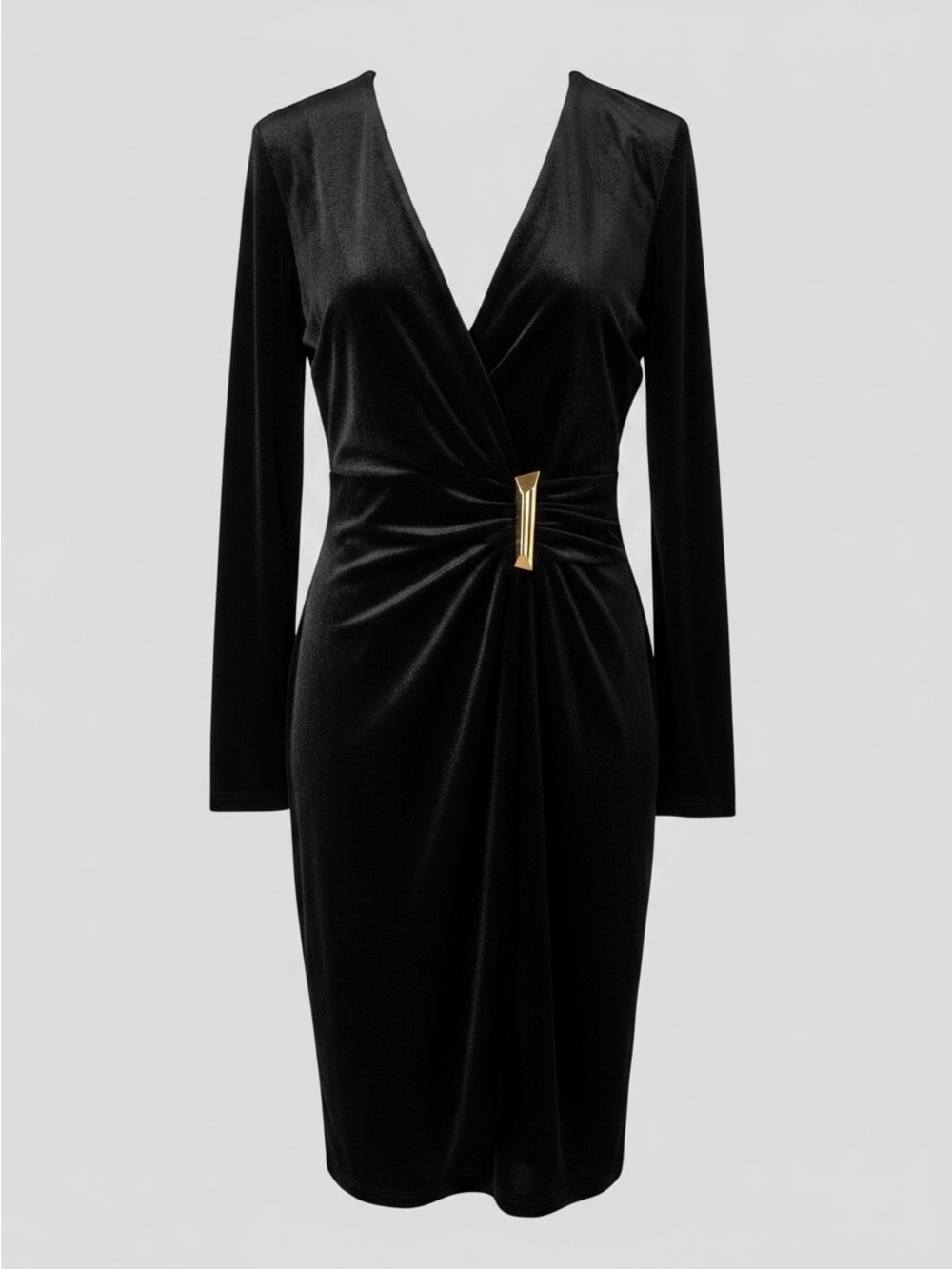 Calvin Klein Black Velvet Long-Sleeve Wrap Dress with Gold Accent